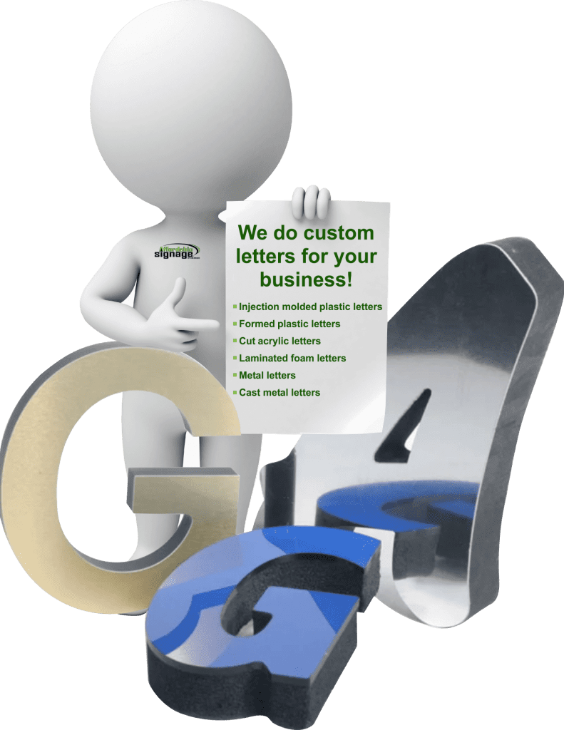 An illustration that shows a human-shaped drawing holding a piece of paper with written text that says we do custom letters for your business! injection-molded plastic letters, formed plastic letters, cut acrylic letters, laminated foam letters, metal letters, and cast metal letters.